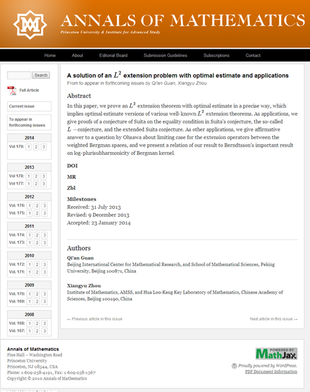 Annals of Mathematics網站刊登關啟安的研究論文