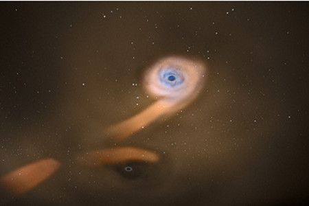 圖 1、星系中心互相繞轉的超大質量雙黑洞恒星潮汐撕裂事件藝術想象圖🧗🏼。主黑洞將一顆恒星撕碎裂成細長氣體流，該氣體流在流向黑洞形成圍繞黑洞旋轉的吸積盤時被高溫加熱產生強烈X-射線輻射🩻。當次黑洞繞轉到氣體流附近（但不穿過）時🦹🏼，產生的破壞性引力擾動作用使氣體流中部分氣體流飛離🎞，留下一段空隙。X-射線出現突然下跌直至黑暗現象對應空隙到達主黑洞時刻🙎🏽‍♀️。（繪圖：ESA -C. Carreau）
